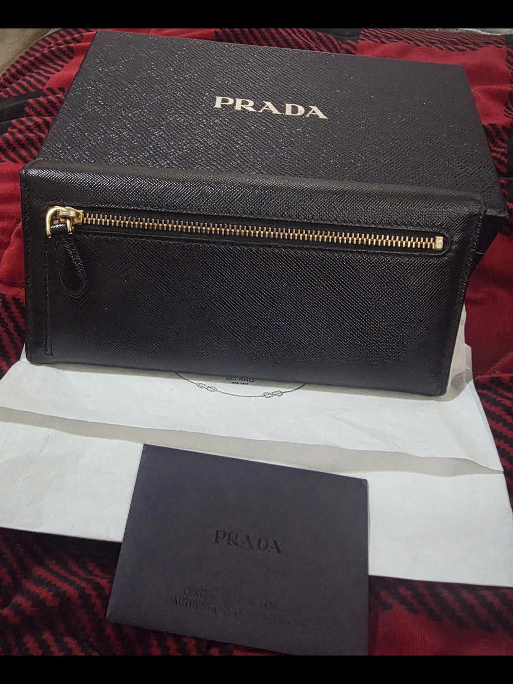 Prada Black Saffiano Leather Wallet with Card Holder and Chain